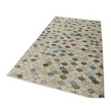 145x285 cm Kareli Kilim Bej Kareli Yün El Dokuma Modern Geometrik Etnik Eskitme Desenli Boho Oturma Odası Salon Yolluk Koridor Mutfak Halısı