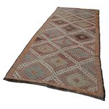 145x370 cm Geometrik Kilim Kahverengi Geometrik Yün El Dokuma Modern Geometrik Etnik Eskitme Desenli Boho Oturma Odası Salon Yolluk Koridor Mutfak Halısı