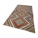 148x302 cm Kareli Kilim Bej Kareli Yün El Dokuma Modern Geometrik Etnik Eskitme Desenli Boho Oturma Odası Salon Yolluk Koridor Mutfak Halısı