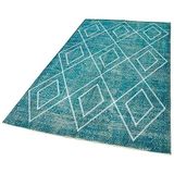149x260 cm Geometrik Halı Turkuaz Geometrik Yün El Dokuma Modern Geometrik Etnik Eskitme Desenli Boho Oturma Odası Salon Yolluk Koridor Mutfak Halısı