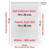 14x25+5 cm.(14x30) 500 Adet Şeffaf Bantlı Yapışkanlı OPP Poşet