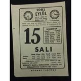 15 Eylül 1981 Salı Sönmez Takvimi Yaprağı (Sahafiye Kitap)