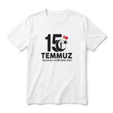 15 Temmuz Demokrasi ve Milli Birlik Günü Unisex Tişört,%100 Pamuk, Bisiklet Yaka, Türk Bayrak Baskılı, Beyaz (Siyah Yazı, XL)