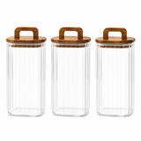 1500 ml Kare Cam Kavanoz 3’lü Set – Ahşap Kulplu Kapaklı, Fitilli Erzak ve Saklama Kabı