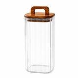 1500 ml Kare Line Cam Kavanoz – Ahşap Kapaklı, Kulplu, Şeffaf Kuru Gıda Saklama Kabı