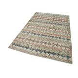 150x216 cm Kareli Kilim Bej Kareli Yün El Dokuma Modern Geometrik Etnik Eskitme Desenli Boho Oturma Odası Salon Yolluk Koridor Mutfak Halısı