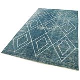 150x261 cm Geometrik Halı Mavi Geometrik Yün El Dokuma Modern Geometrik Etnik Eskitme Desenli Boho Oturma Odası Salon Yolluk Koridor Mutfak Halısı