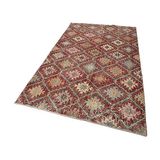 155x285 cm Kareli Kilim Kırmızı Kareli Yün El Dokuma Modern Geometrik Etnik Eskitme Desenli Boho Oturma Odası Salon Yolluk Koridor Mutfak Halısı
