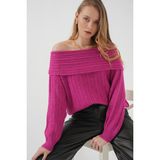15908 Kadın Açık Omuz Oversize Triko Kazak - Koyu Pembe - Standart
