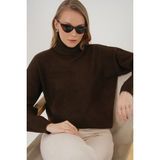 15917 Kadın Balıkçı Yaka Oversize Triko Kazak - Kahverengi - Standart