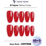 15'li Kırmızı Uzun Oval UOV1565 Tekrar Kullanılabilir El Yapımı Protez Takma Tırnak - Kırmızı-S