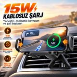 15W Kablosuz Şarjlı Araç Telefon Tutucu, Otomatik Açılıp Kapanan Kollar, 90° Döner Tasarım, Katlanabilir Telefon Uyumlu, Havalandırma Izgarası İçin Araç İçi Telefon Tutacağı
