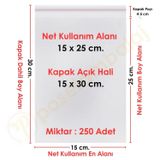 15x25+5 cm.(15x30) 250 Adet Şeffaf Bantlı Yapışkanlı OPP Poşet