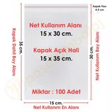 15X30+5 Cm. (15X35) 100 Adet - Şeffaf Bantlı Yapışkanlı Opp Jelatin Poşet