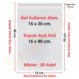 15x35+5 cm.(15x40) 50 Adet Şeffaf Bantlı Yapışkanlı OPP Poşet