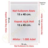 15X40+5 Cm. (15X45) 1.000 Adet Şeffaf Bantlı Yapışkanlı Jelatin Poşet