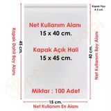 15X40+5 Cm. (15X45) 100 Adet - Şeffaf Bantlı Yapışkanlı Opp Jelatin Poşet
