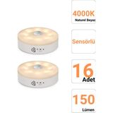 16 Adet Sensörlü LED Kabin Işık USB Şarjlı 4000K Doğal Beyaz Işık | Hareket Algılamalı Gece Lambası | Iç Mekan Kullanımına Uygun