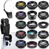16 Adet Telefon Kamera Lens Kiti 16 In 1 Özçekim Işığı ile Evrensel Klip Cep Telefonu 198 Derece Balıkgözü Geniş Açı Makro Kaleydoskop Cpl Lens Ekleri - Standart