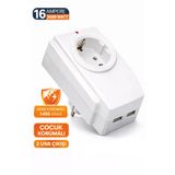 16 Amper 3680 Watt Tekli Akım Korumalı Priz 2 Usb Çıkışlı Çocuk Korumalı 1400 Joule