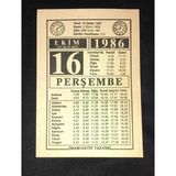 16 Ekim 1986 Perşembe İmam-Hatip Takvimi Yaprağı (Sahafiye Kitap)