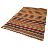 163x252 cm Anadolu Kilim Bej Çizgili Yün El Dokuma Modern Geometrik Etnik Eskitme Desenli Boho Oturma Odası Salon Yolluk Koridor Mutfak Halısı