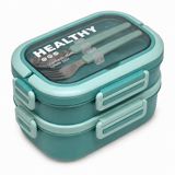 1650 ml 2 Katlı 3 Bölmeli Paslanmaz Çelik Bento Yemek Kabı ve Beslenme Kutusu, Çatal Kaşıklı, Okul Ofis Kamp ve Seyahat İçin Taşınabilir Yeşil Lunch Box Sefer Tası