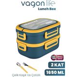 1650 ml Iki Kat Üç Bölme Paslanmaz Çelik Lunch Box Yeni Nesil Sefer Tası - Kaşık ve Çatallı -6715 - Lacivert