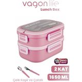 1650 ml Iki Kat Üç Bölme Paslanmaz Çelik Lunch Box Yeni Nesil Sefer Tası - Kaşık ve Çatallı -6715 - Pembe