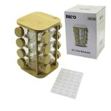 16Pcs Kare - Döner Standlı Cam - Bambu Kapak Tuzluk - Baharatlık Bambu Stand Go53/01415
