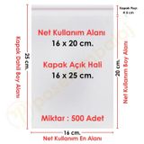 16x20+5 cm.(16x25) 500 Adet Şeffaf Bantlı Yapışkanlı OPP Poşet