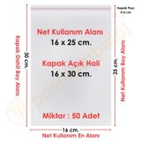 16x25+5 cm.(16x30) 50 Adet Şeffaf Bantlı Yapışkanlı OPP Poşet