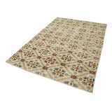170x257 cm Kareli Kilim Bej Kareli Yün El Dokuma Modern Geometrik Etnik Eskitme Desenli Boho Oturma Odası Salon Yolluk Koridor Mutfak Halısı