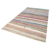 172x312 cm Chaput Kilim Beyaz Çizgili Yün El Dokuma Modern Geometrik Etnik Eskitme Desenli Boho Oturma Odası Salon Yolluk Koridor Mutfak Halısı
