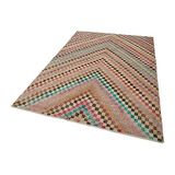 174x263 cm Kareli Kilim Pembe Kareli Yün El Dokuma Modern Geometrik Etnik Eskitme Desenli Boho Oturma Odası Salon Yolluk Koridor Mutfak Halısı