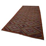175x377 cm Geometrik Kilim Bordo Geometrik Yün El Dokuma Modern Geometrik Etnik Eskitme Desenli Boho Oturma Odası Salon Yolluk Koridor Mutfak Halısı