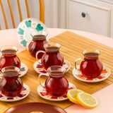 17901 Beyoğlu 12 Parça 6 Kişilik Çay Seti – 210 ml Borosilikat Cam Kulplu Tombik Bardak ve Porselen Çay Tabağı Takımı