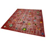 179x214 cm Kırk Yama Kırmızı Yama Pamuklu Yün El Dokuma Modern Geometrik Etnik Eskitme Desenli Boho Oturma Odası Salon Yolluk Koridor Mutfak Halısı