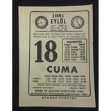 18 Eylül 1981 Cuma Sönmez Takvimi Yaprağı (Sahafiye Kitap)
