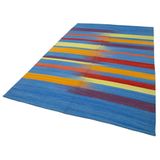 181x279 cm Degrade Kilim Mavi Çizgili Yün El Dokuma Modern Geometrik Etnik Eskitme Desenli Boho Oturma Odası Salon Yolluk Koridor Mutfak Halısı