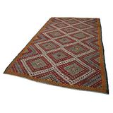 182x308 cm Geometrik Kilim Kırmızı Geometrik Yün El Dokuma Modern Geometrik Etnik Eskitme Desenli Boho Oturma Odası Salon Yolluk Koridor Mutfak Halısı