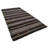 183x320 cm Çizgili Kilim Siyah Çizgili Yün El Dokuma Modern Geometrik Etnik Eskitme Desenli Boho Oturma Odası Salon Yolluk Koridor Mutfak Halısı