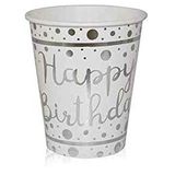 18657 Metalik Gümüş Happy Birthday Baskılı Beyaz Karton Bardak 8oz 6lı