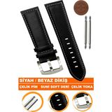 18mm-20mm-22mm-24mm-26mm saatlerle uyumlu soft deri saat kordonu kayışı al11-sıyah-beyaz - 20 mm - Siyah - Beyaz