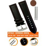 18mm-20mm-22mm-24mm-26mm saatlerle uyumlu soft deri saat kordonu kayışı al11-sıyah-kırmızı - 24 mm - Siyah - Kırmızı