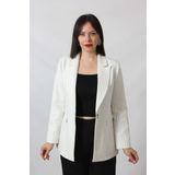 1906 Beyaz Çizgili Fermuarlı Cep Aksesuarlı Kadın Büyük Beden Blazer Ceket