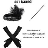 192039LER Gatsby Aksesuar Seti - Siyah Charleston Saç Bandı, Uzun Eldiven Lık