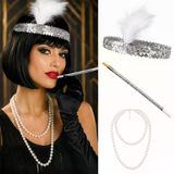 1920&Amp;#39;Ler Gatsby Gümüş Parti Seti - Çarliston Bandı, İnci Kolye Tutacağı