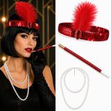 1920'ler Gatsby Kırmızı Parti Seti - Çarliston Saç Bandı, İnci Kolye ve Sigara Tutacağı (4604)