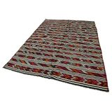 194x292 cm Geometrik Kilim Kırmızı Geometrik Yün El Dokuma Modern Geometrik Etnik Eskitme Desenli Boho Oturma Odası Salon Yolluk Koridor Mutfak Halısı